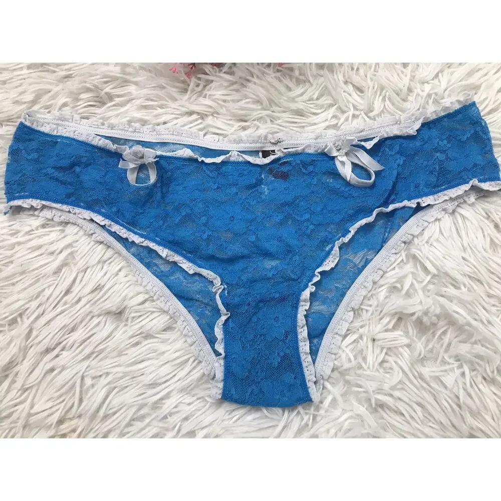 VINTAGE RARE FREDERICK'S OF HOLLYWOOD X-LARGE BLUE FLORAL LACE THONG PANTIES